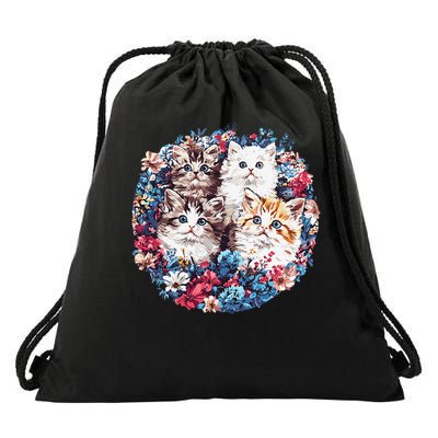 Cute Kittens Surrounded By Flowers Drawstring Bag