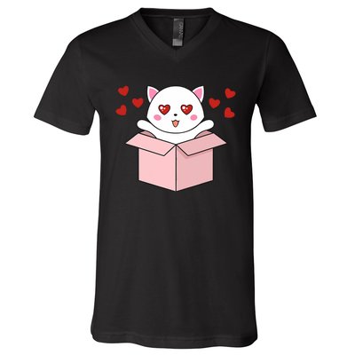 Cat Kawaii Valentines Day Cute Kitten Heart V Day Pajama V-Neck T-Shirt