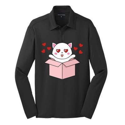 Cat Kawaii Valentines Day Cute Kitten Heart V Day Pajama Silk Touch Performance Long Sleeve Polo