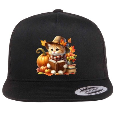 Cozy Kitten With Book And Pumpkin Autumn Leaf Cat Cute Gift Flat Bill Trucker Hat