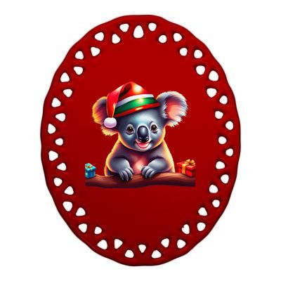 Cute Koala With Santa Hat Funny Christmas Theme Ceramic Oval Ornament