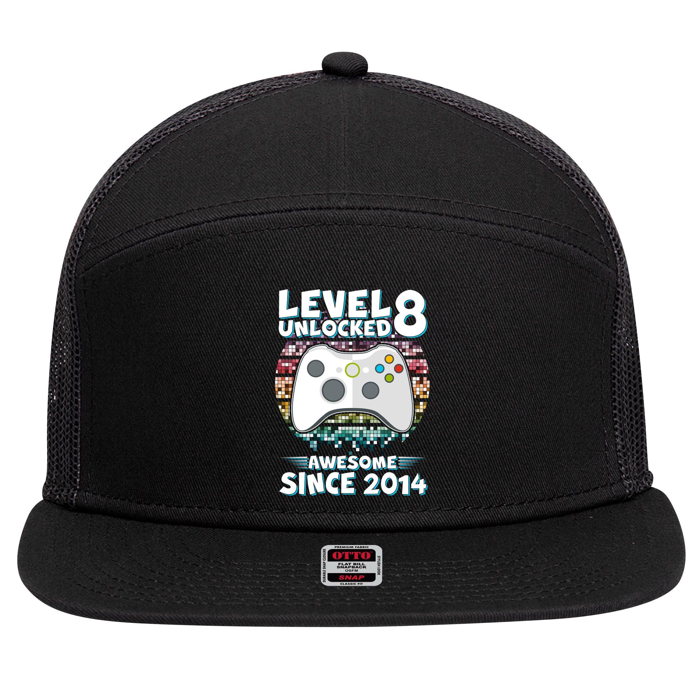 Cool Level 8 Unlocked Awesome Since 2014 Gamer 7 Panel Mesh Trucker Snapback Hat