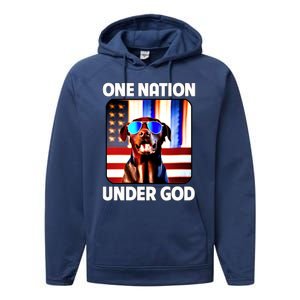 Chocolate Lab American Flag One Nation Under God Patriotic Great Gift Performance Fleece Hoodie