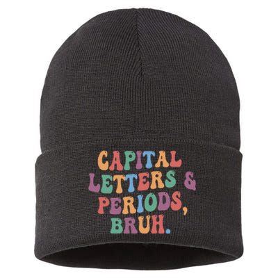 Capital Letters and Periods Bruh Bruh Teacher Sustainable Knit Beanie