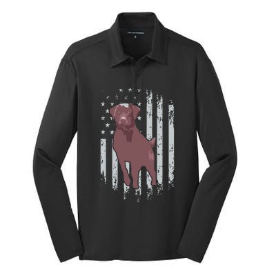 Chocolate Lab American Flag Brown Labrador Retriever Owner Silk Touch Performance Long Sleeve Polo