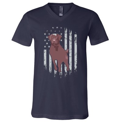 Chocolate Lab American Flag Brown Labrador Retriever Owner V-Neck T-Shirt