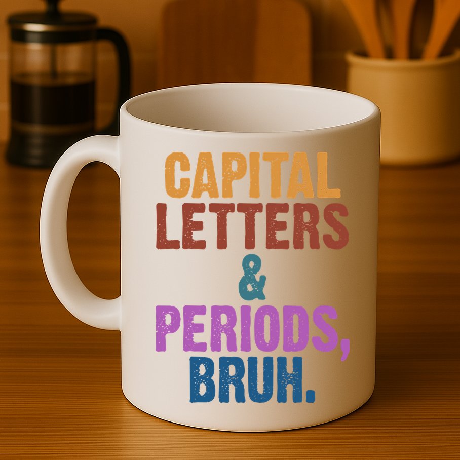 Capital Letters And Periods Bruh Funny School Mug