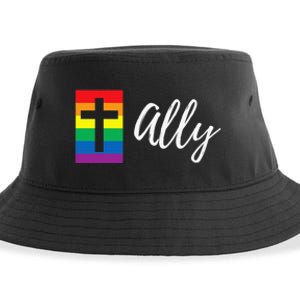 Christian LGBTQ Ally Rainbow Pride Flag Cross  Sustainable Bucket Hat