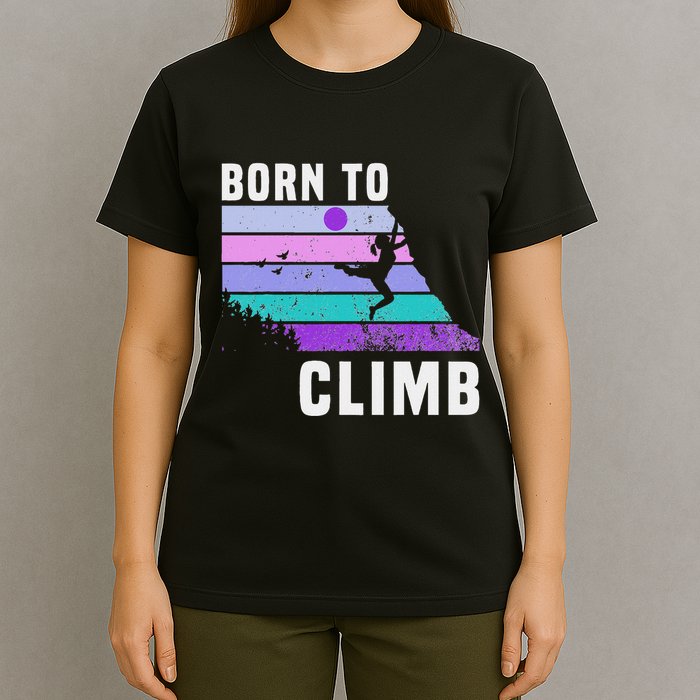 Climb Like A Girl Retro Sunset Rocks Born To Climb T-Shirt