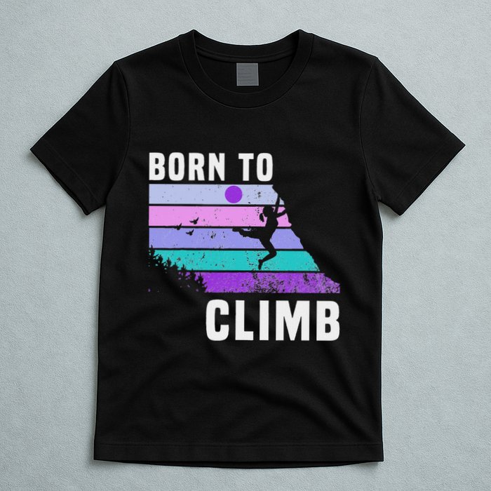 Climb Like A Girl Retro Sunset Rocks Born To Climb T-Shirt