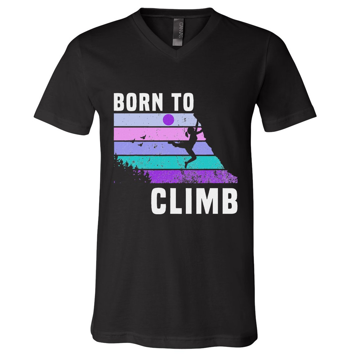 Climb Like A Girl Retro Sunset Rocks Born To Climb V-Neck T-Shirt