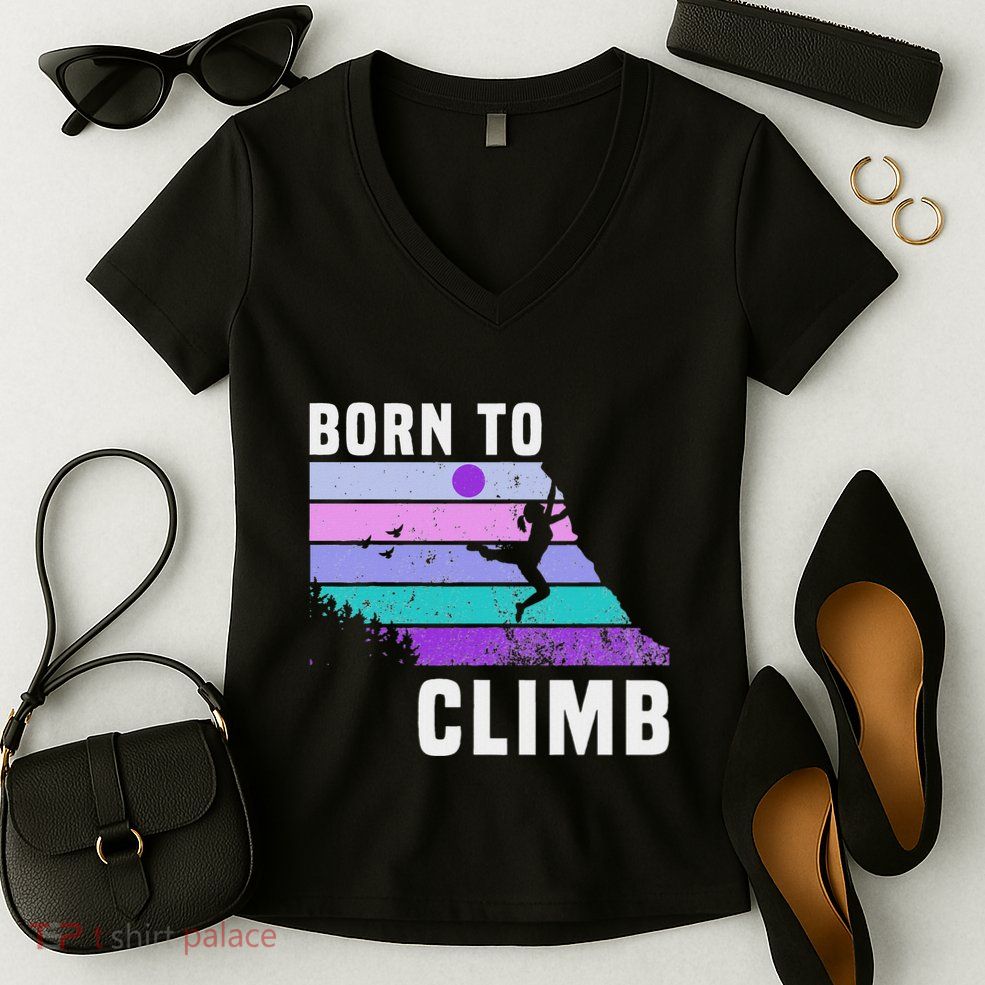 Climb Like A Girl Retro Sunset Rocks Born To Climb Women's V-Neck T-Shirt