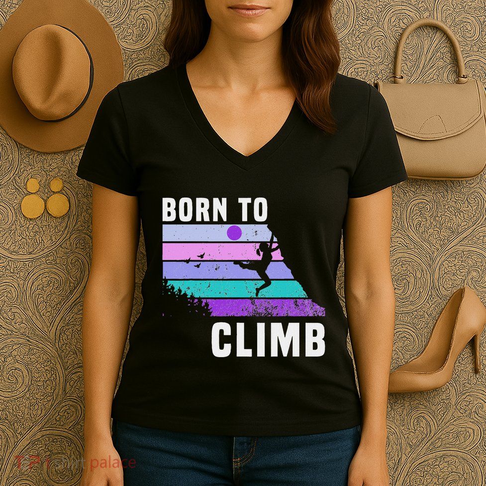 Climb Like A Girl Retro Sunset Rocks Born To Climb Women's V-Neck T-Shirt