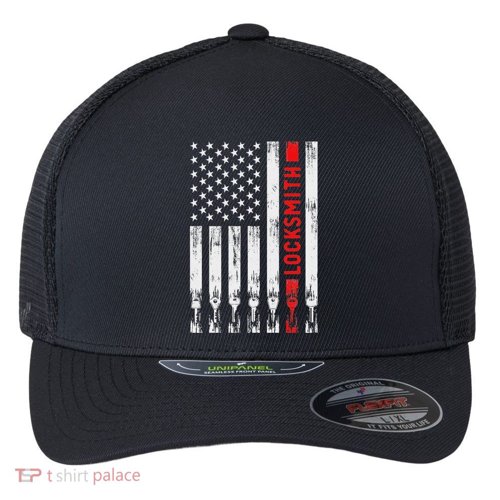 Cool Locksmith Art American Flag Lock Picker Flexfit Unipanel Trucker Cap