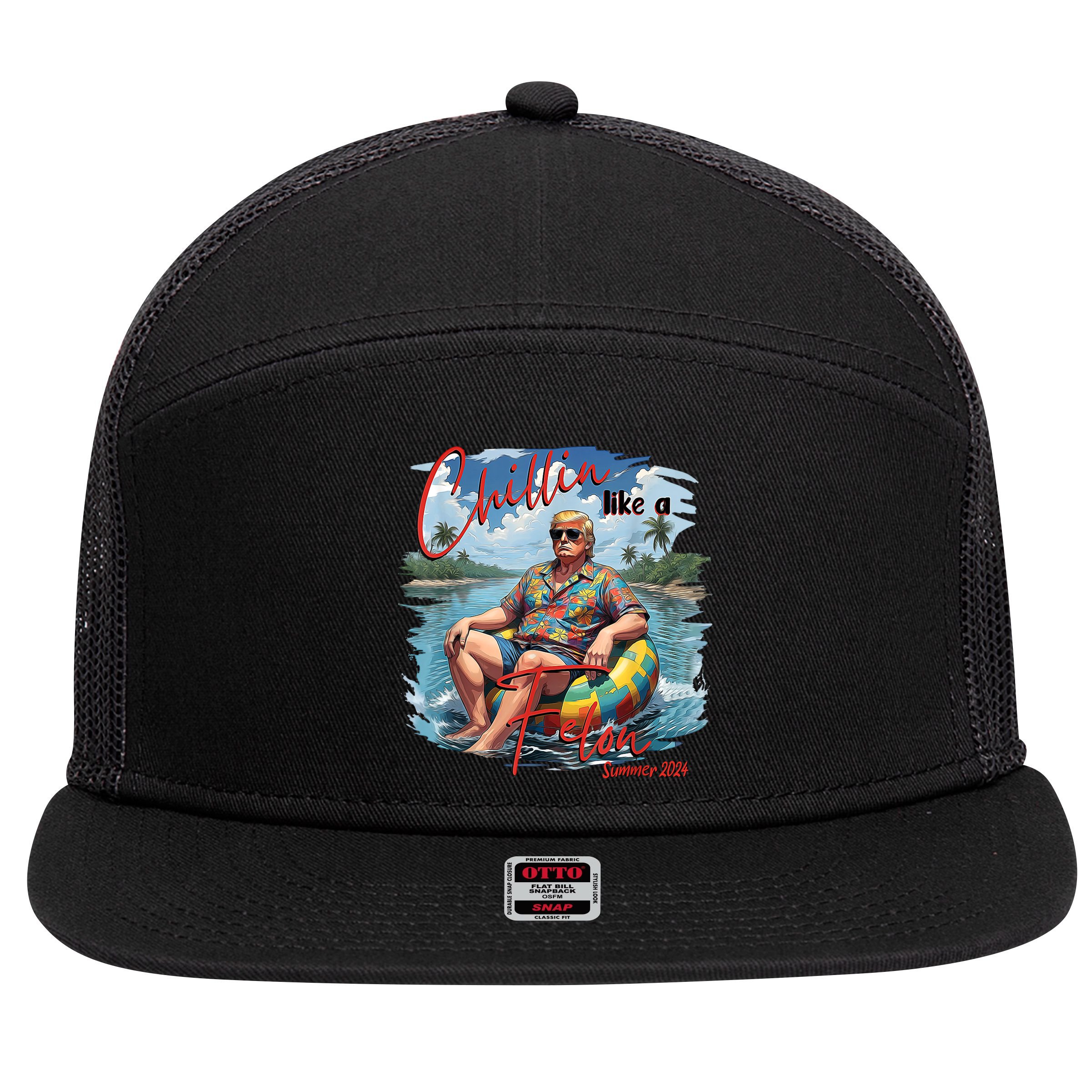Chillin Like A Felon Retro Summer Pink Funny Trump 2024 7 Panel Mesh Trucker Snapback Hat