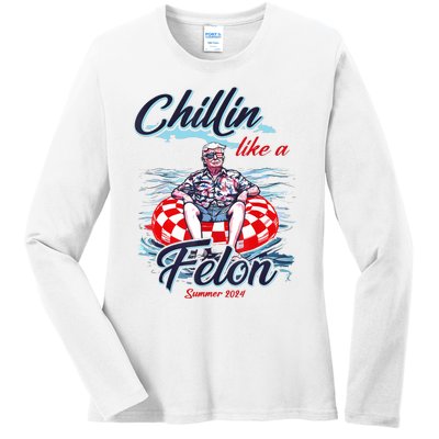 Chillin Like A Felon Retro Summer Pink Funny Trump 2024 Ladies Long Sleeve Shirt