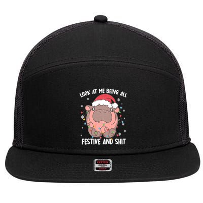 Christmas Look At Me Being All Festive And Shits Moo Deng 7 Panel Mesh Trucker Snapback Hat