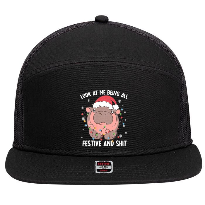 Christmas Look At Me Being All Festive And Shits Moo Deng 7 Panel Mesh Trucker Snapback Hat