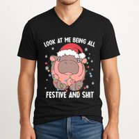 Christmas Look At Me Being All Festive And Shits Moo Deng V-Neck T-Shirt