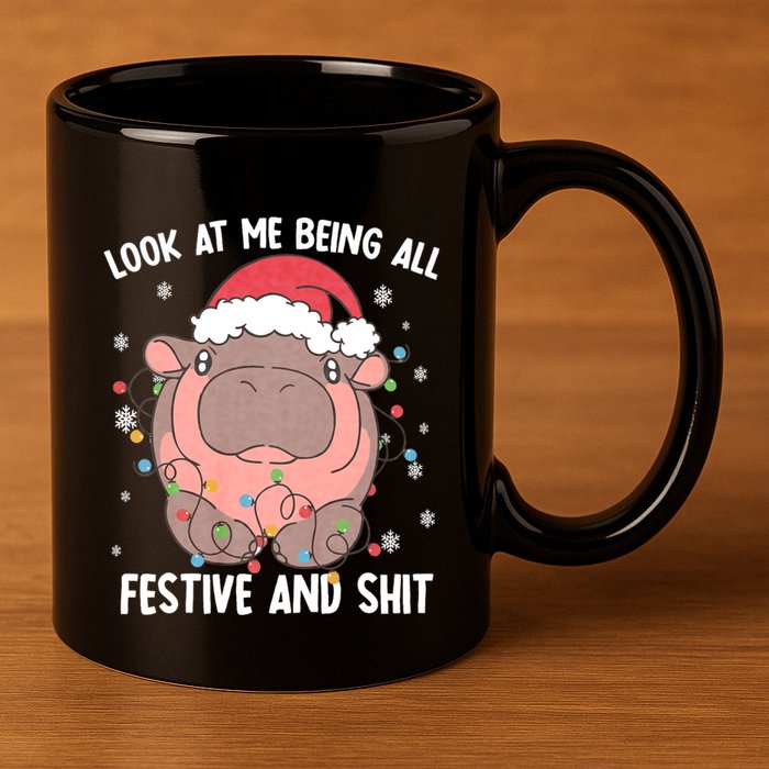 Christmas Look At Me Being All Festive And Shits Moo Deng 11oz C Handle Ceramic Mug