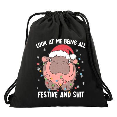 Christmas Look At Me Being All Festive And Shits Moo Deng Drawstring Bag