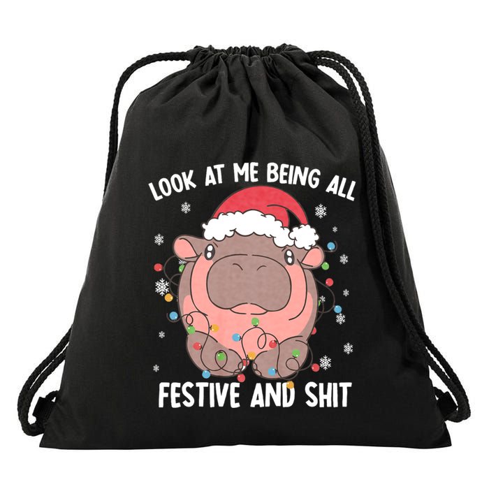 Christmas Look At Me Being All Festive And Shits Moo Deng Drawstring Bag