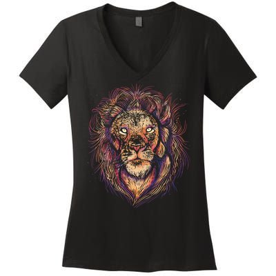 Colorful Lion Abstract Women's V-Neck T-Shirt