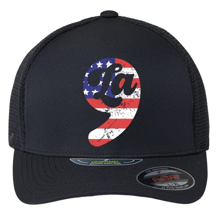 Comma La American Flag Kamala Harris Flexfit Unipanel Trucker Cap