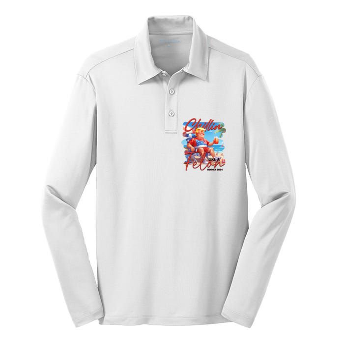 Chillin Like A Felon Funny Donald Trump Summer 2024 Patriotic 4th Of July Silk Touch Performance Long Sleeve Polo