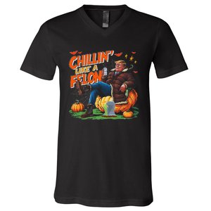 Chillin Like A Felon Donald Trump Buschlight Beer Halloween V-Neck T-Shirt