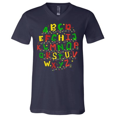 Christmas Lights Alphabet Student Learning Abc Teacher Xmas V-Neck T-Shirt