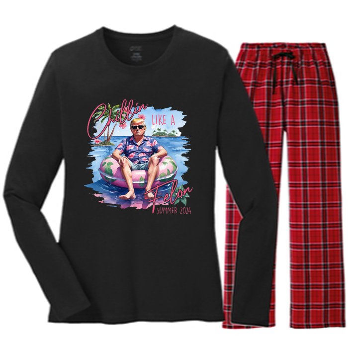 Chillin Like A Felon Funny Trump For President Summer 2024 Women's Long Sleeve Flannel Pajama Set 