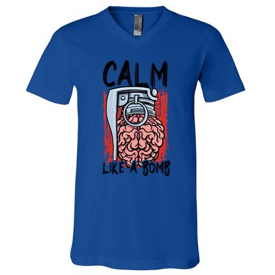 Calm Like A Bomb National Stress Awareness Month Grenade Gift V-Neck T-Shirt