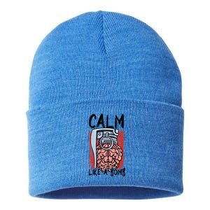 Calm Like A Bomb National Stress Awareness Month Grenade Gift Sustainable Knit Beanie