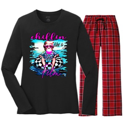 Chillin Like A Felon Retro Summer Funny Trump 2024 Women's Long Sleeve Flannel Pajama Set 