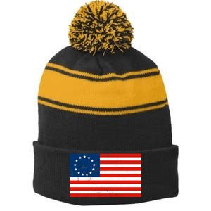 Classic Betsy Ross Flag Distressed  Stripe Pom Pom Beanie