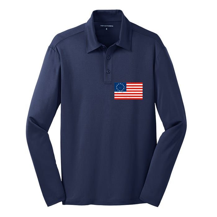 Classic Betsy Ross Flag Distressed  Silk Touch Performance Long Sleeve Polo