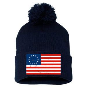 Classic Betsy Ross Flag Distressed  Pom Pom 12in Knit Beanie