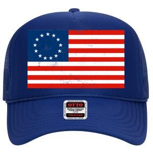 Classic Betsy Ross Flag Distressed  High Crown Mesh Back Trucker Hat