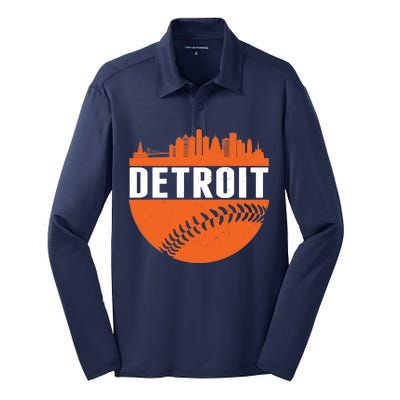 Classic Detroit Skyline Baseball  Silk Touch Performance Long Sleeve Polo