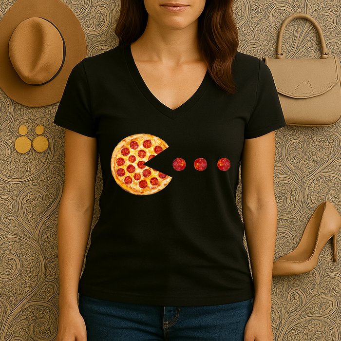 Classic Retro Pizza Lover Video Game Women's V-Neck T-Shirt