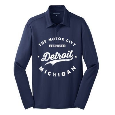 Classic Retro Vintage Detroit Michigan Motor City Silk Touch Performance Long Sleeve Polo