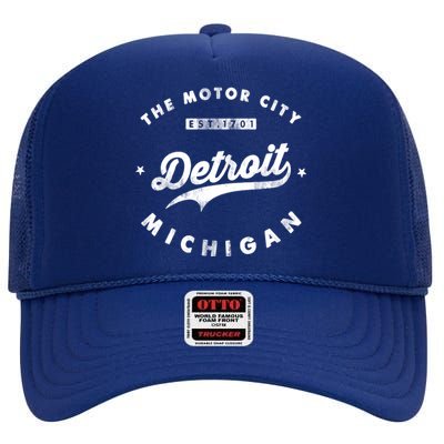 Classic Retro Vintage Detroit Michigan Motor City High Crown Mesh Back Trucker Hat