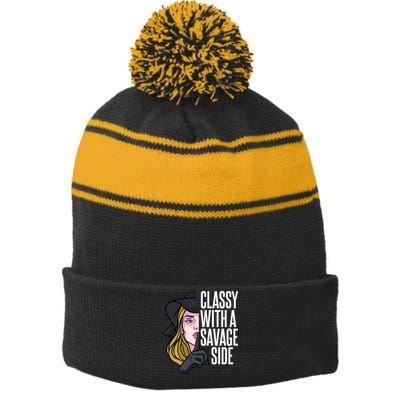Classy With A Savage Side Stripe Pom Pom Beanie