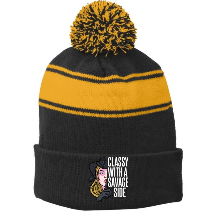 Classy With A Savage Side Stripe Pom Pom Beanie