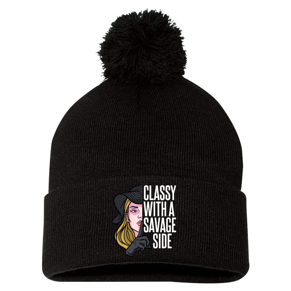 Classy With A Savage Side Pom Pom 12in Knit Beanie