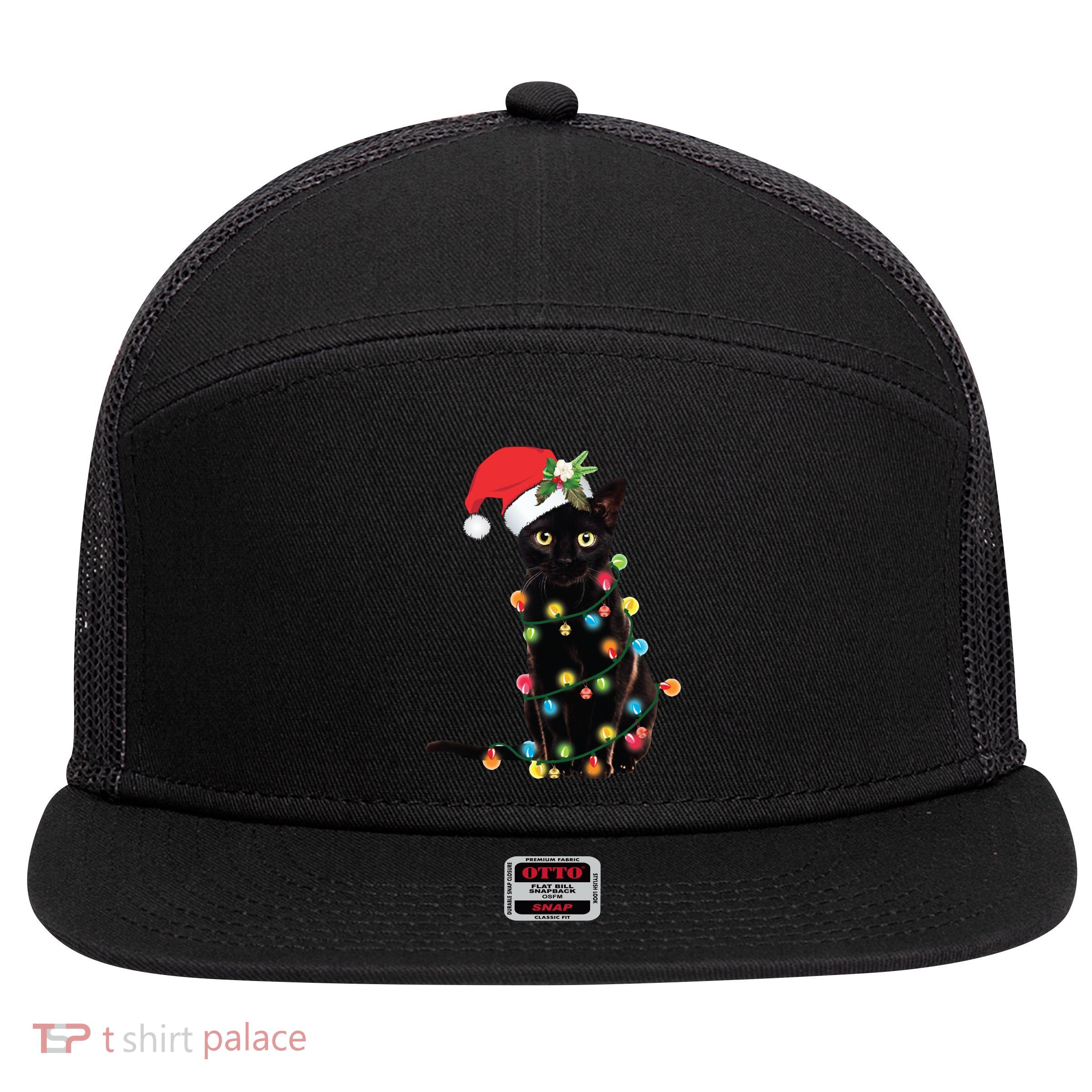 Christmas Lights Black Cat Santa 7 Panel Mesh Trucker Snapback Hat