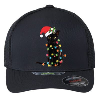 Christmas Lights Black Cat Santa Flexfit Unipanel Trucker Cap