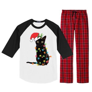 Christmas Lights Black Cat Santa Raglan Sleeve Pajama Set