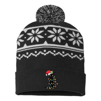 Christmas Lights Black Cat Santa USA-Made Snowflake Beanie